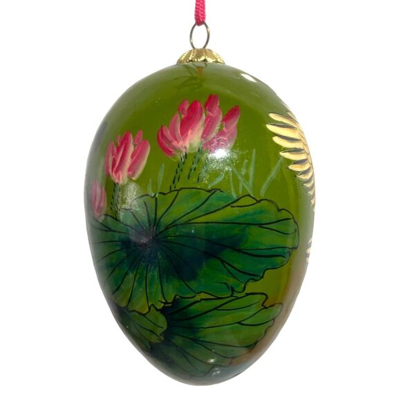 Goose Hand Painted Egg Vintage Christmas / Easter Ornament Green 4 in - Picture 4 of 8